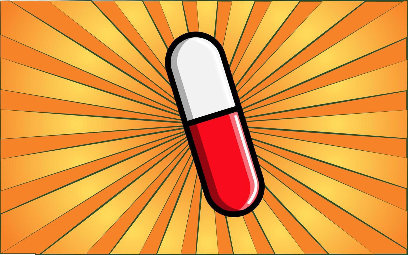 Medical pharmacological red and white oval healing capsule capsule, medicine for health care on the background of abstract yellow rays. Vector illustration