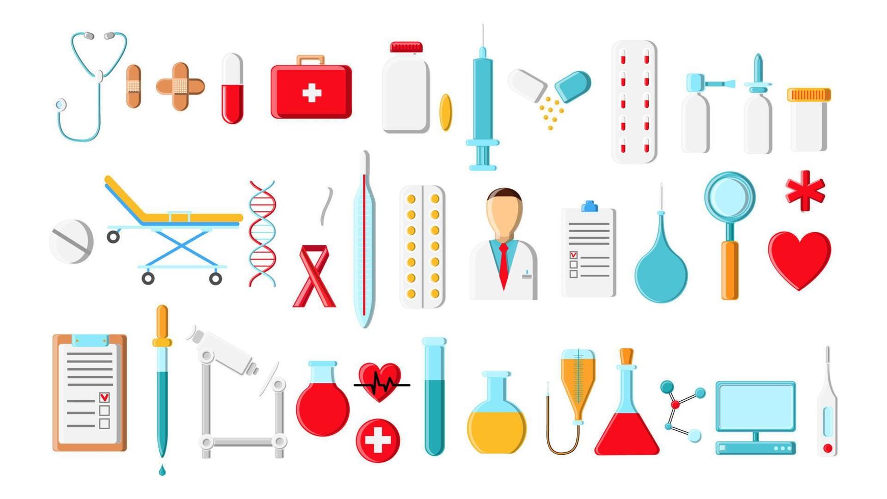 A large beautiful bright colored set of medical items and tools of a pharmacy or doctor's office, thermometer tablets syringes medication flasks on a white background. Vector illustration