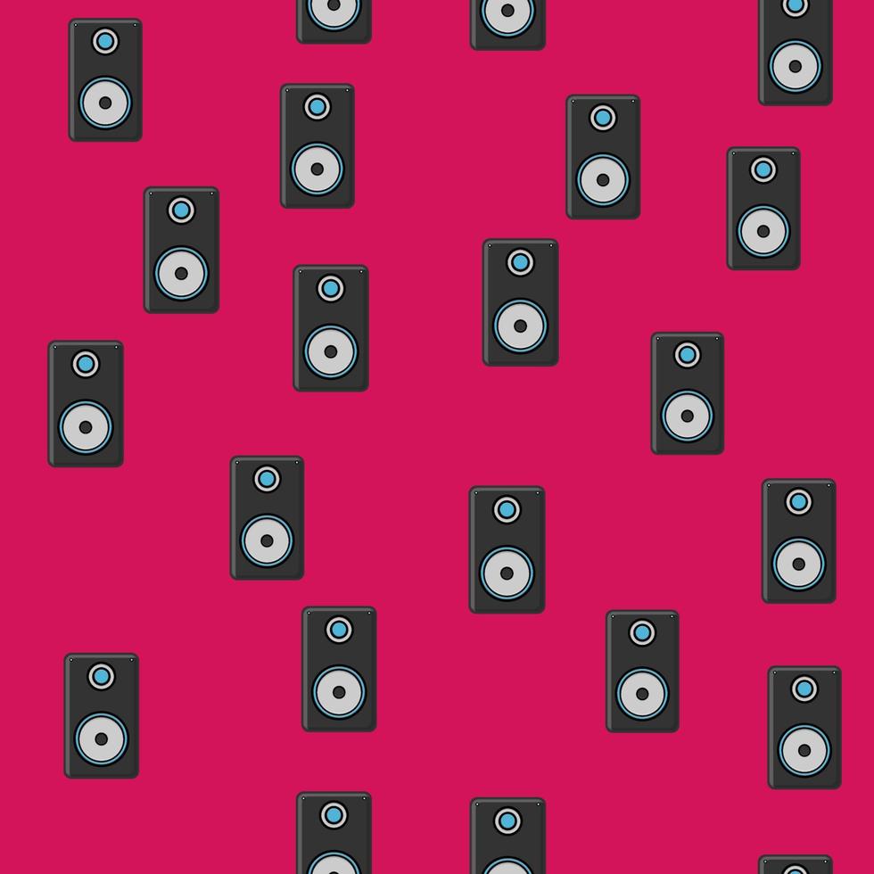 Seamless pattern, texture of modern musical black speakers for playing music tracks, tunes, technology isolated on a purple background. Vector illustration