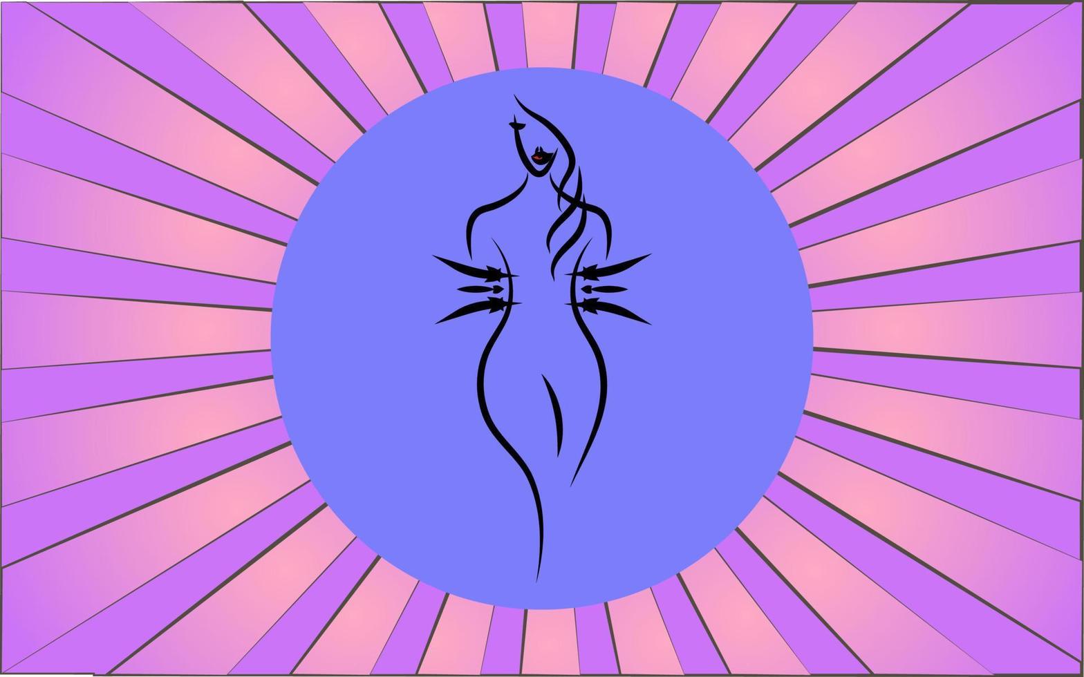 Linear round icon of a female figure with a waist and weight loss on a background of abstract purple rays. Vector illustration