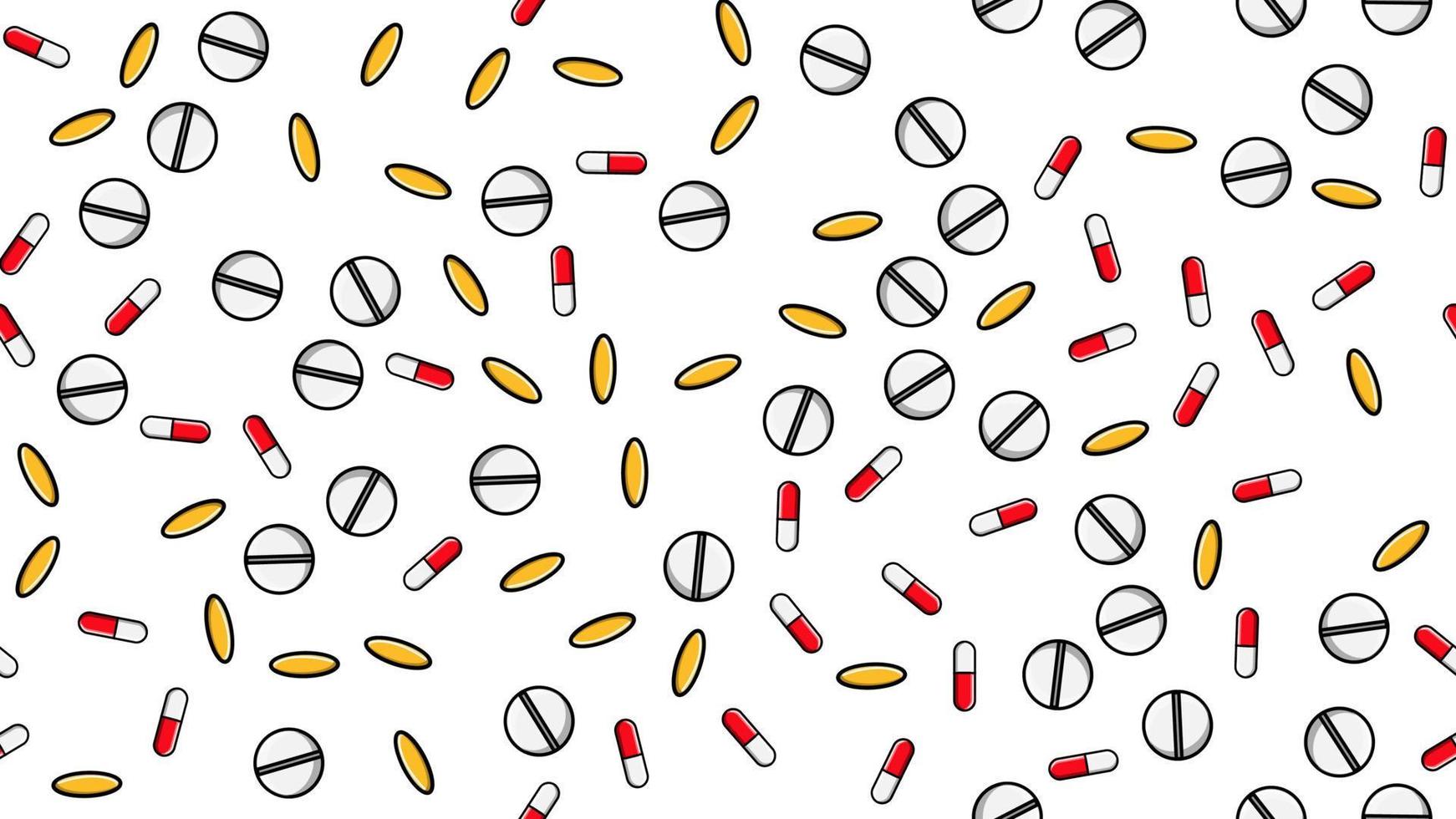 Seamless pattern texture of endless repetitive medicine tablets pills dragee capsules and medication plates with vitamins on a white background flat lay. Vector illustration