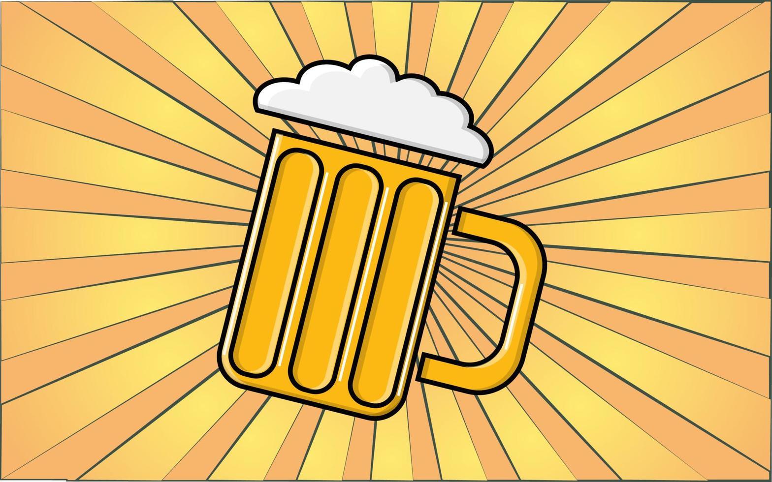 A tasty glass of alcoholic yellow foamy beer in a mug on a background of abstract yellow rays. Vector illustration