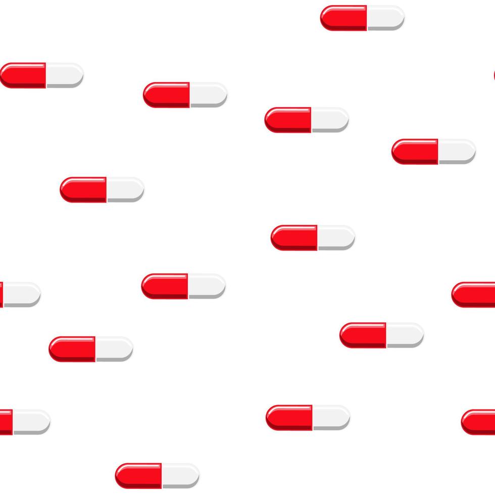 Medical seamless pattern, texture of red and white medicinal oval pharmaceutical beautiful tablets, capsules, vitamins, drugs, antibiotics isolated on a white background. Concept health care vector