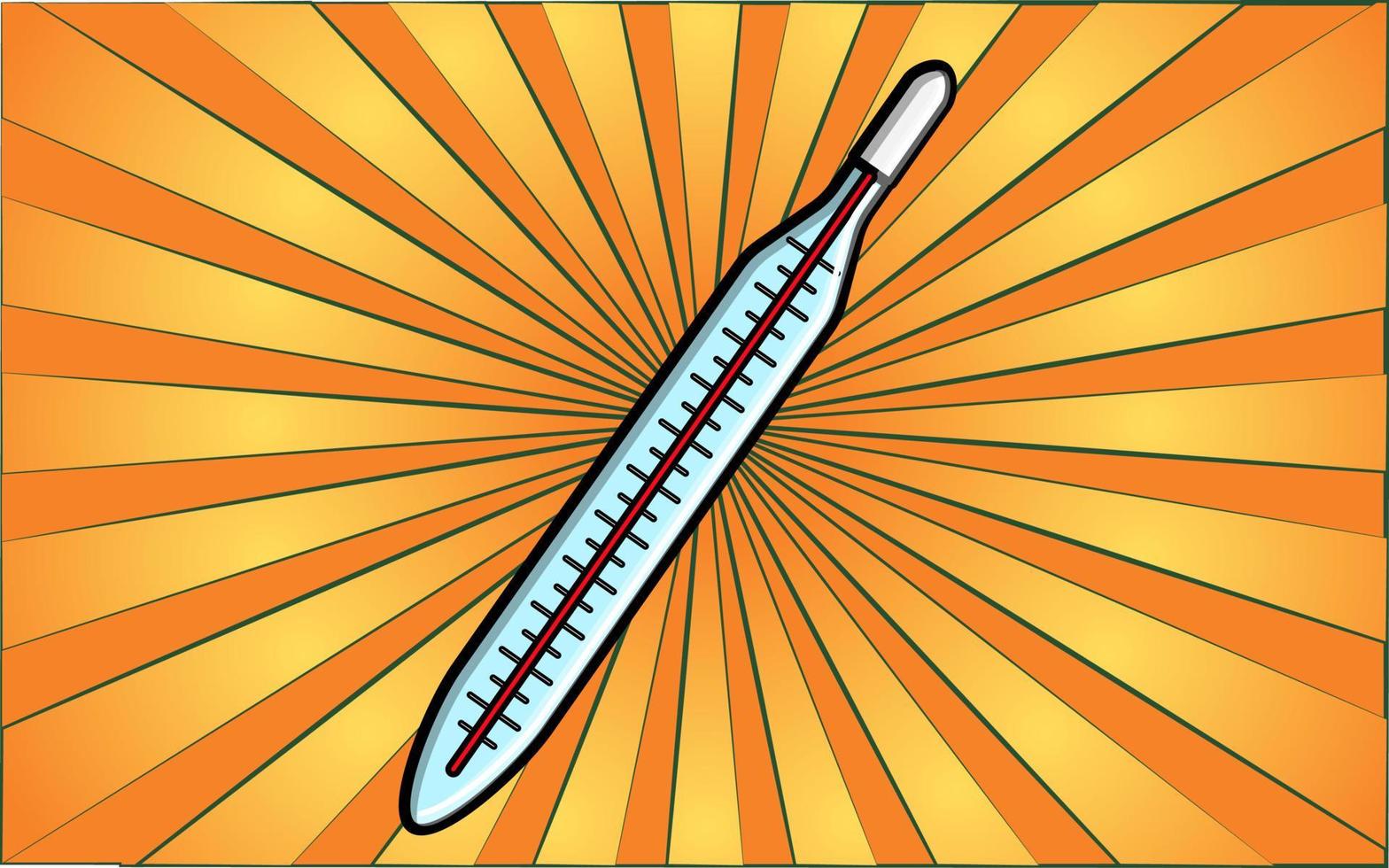 Medical glass old retro thermometer for measuring temperature and care for the dawns on a background of abstract yellow rays. Vector illustration