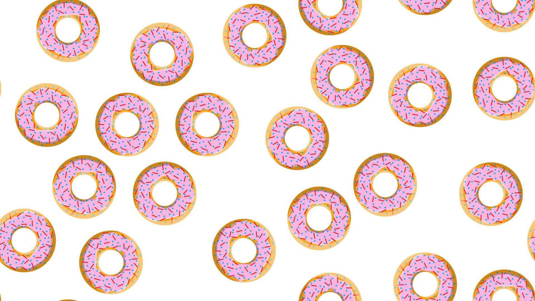 Seamless pattern, texture from round sweet flour tasty donuts to nourishing hot fresh donuts, pastries, sugar-coated cookies in a pink candy caramel glaze on a white background. Vector illustration