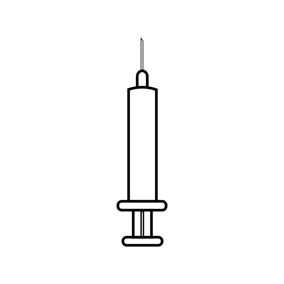 Medical plastic disposable syringe with needle for pricks, simple black and white icon on a white background. Vector illustration