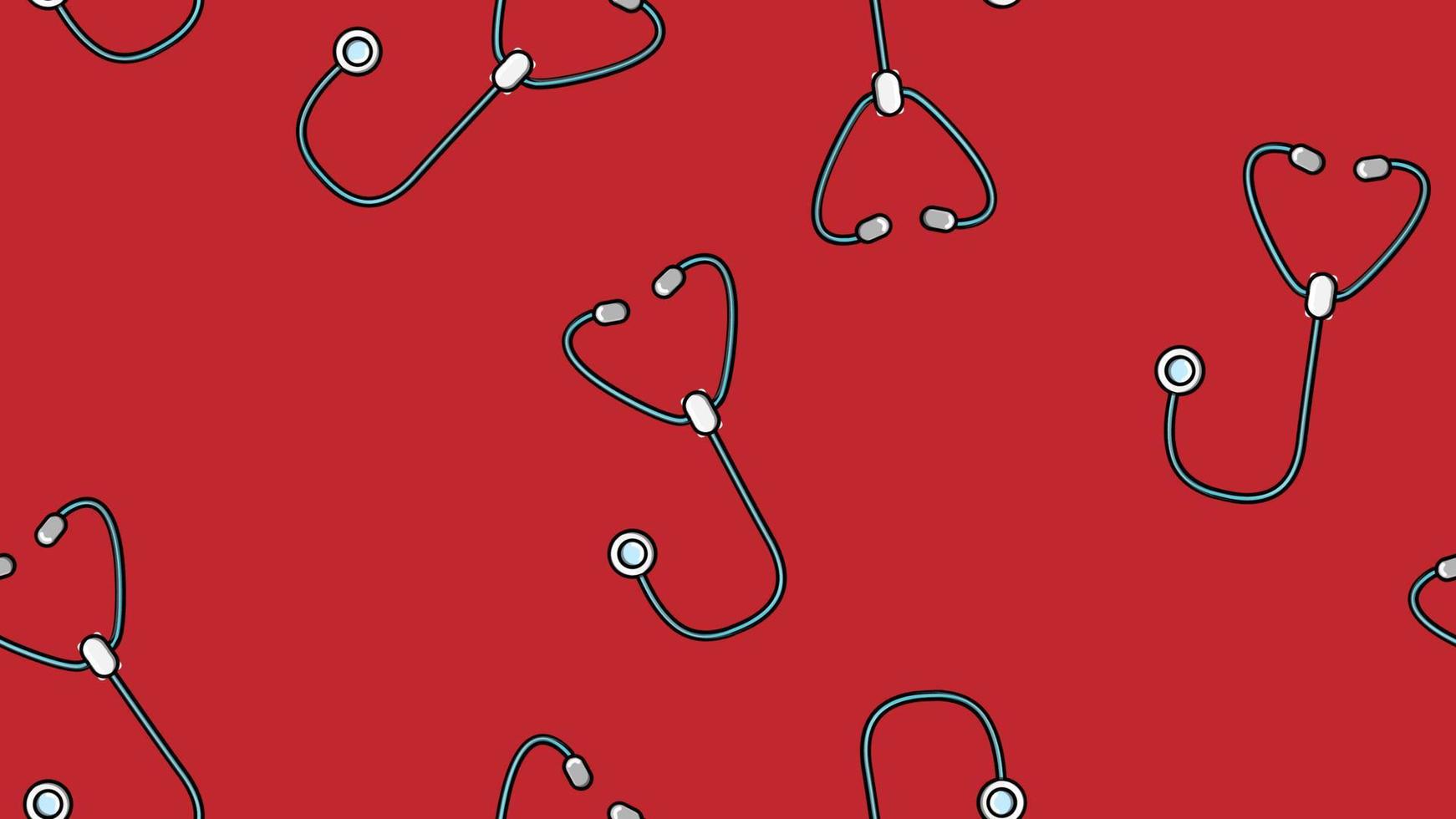 Seamless pattern texture of endless repetitive medical instruments with stethoscopes of phonendoscopes for listening to lungs and hearts on a red background. Vector illustration