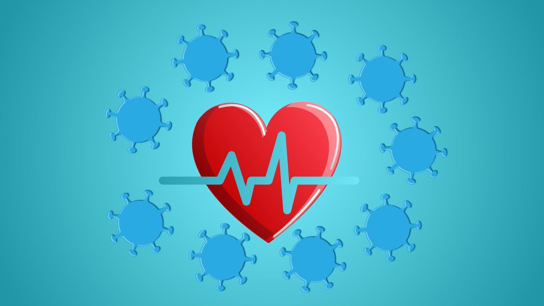 Red heart with a pulse cardiogram and a deadly dangerous coronavirus infection disease covid-19 pandemic virus molecule on a blue background vector