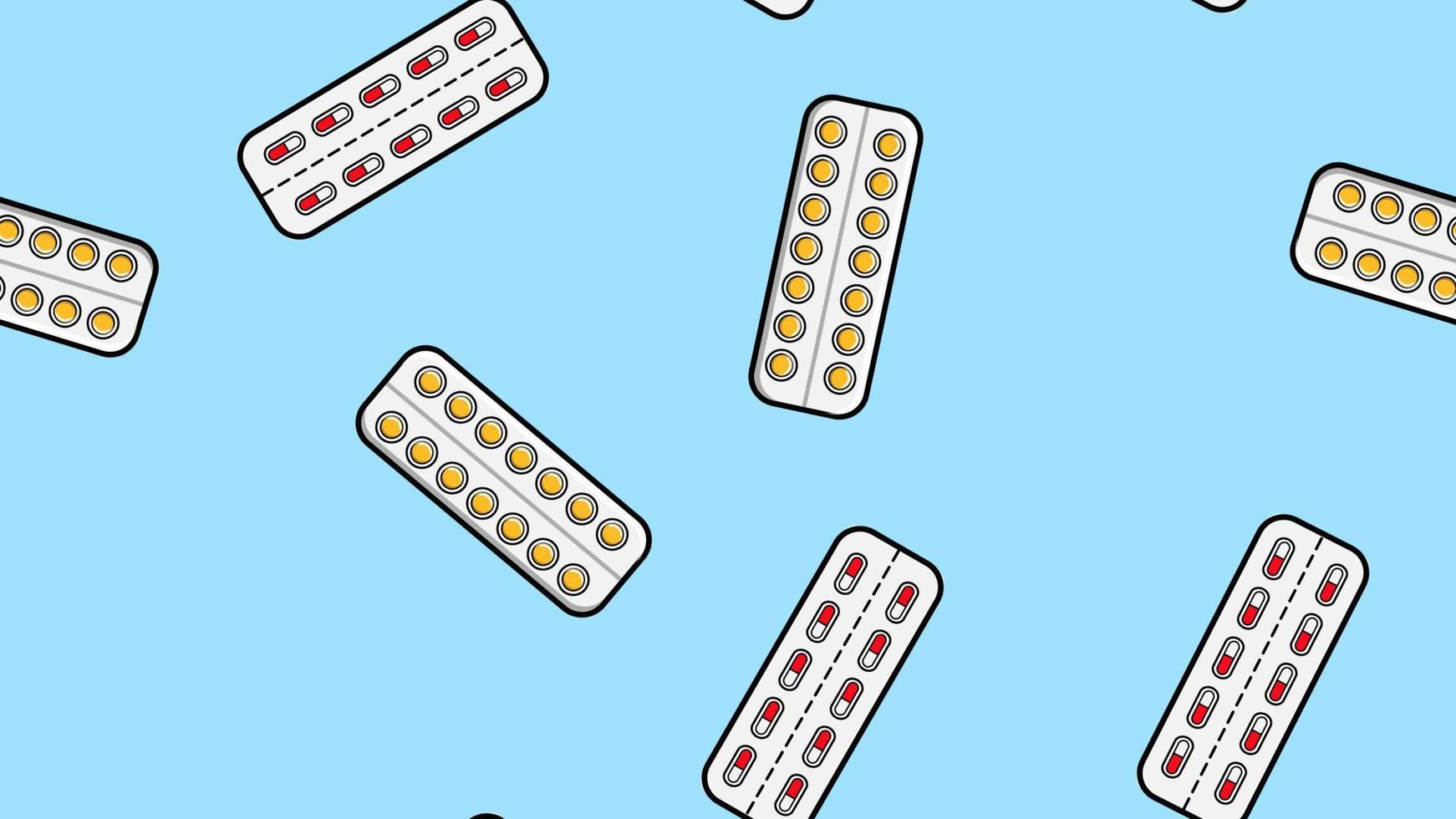 Seamless pattern texture of endless repetitive medicine tablets pills dragee capsules and medication plates with vitamins on a blue background flat lay. Vector illustration