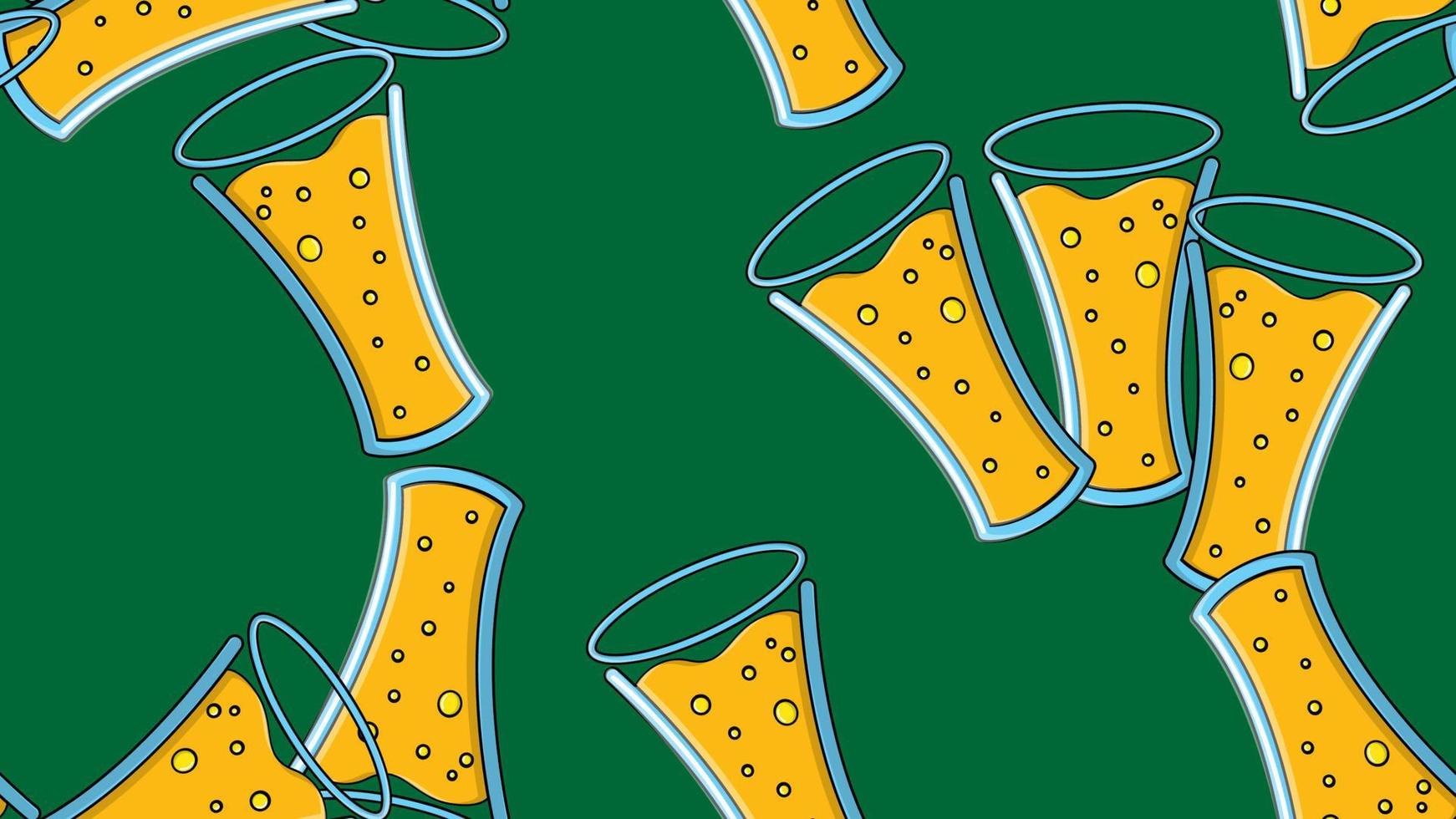 Seamless pattern of yellow repeating alcoholic beer glasses glass with beer frothy hop beer malt craft lager on a green background to the day of Saint Patrick. Vector illustration