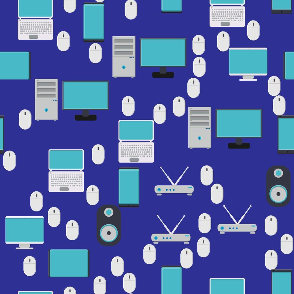 Seamless pattern, texture from modern digital devices, gadgets, tablets, smartphones, mice, speakers, monitors, laptops, routers for internet, computer equipment on a blue background. Vector