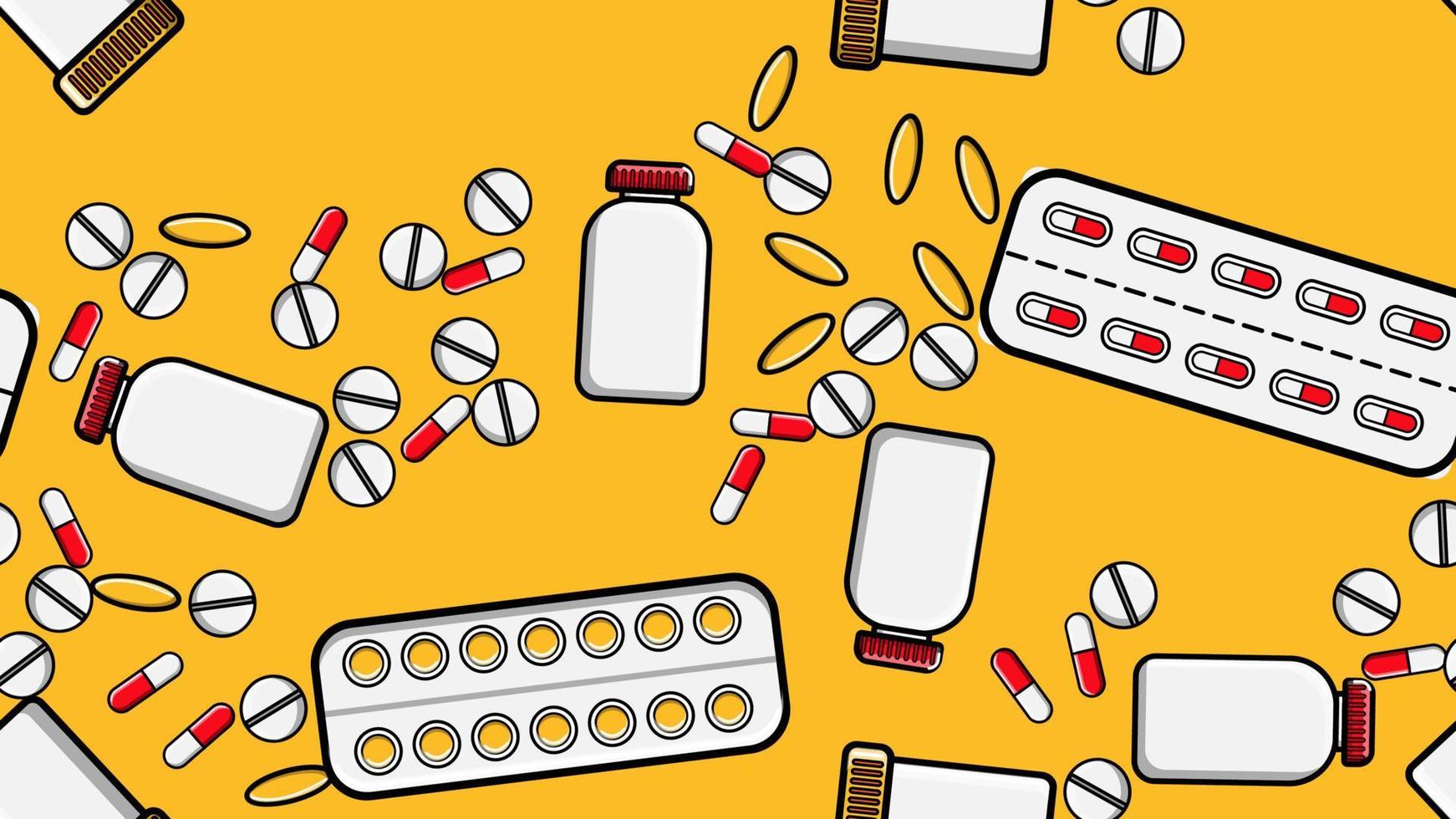 Seamless pattern texture of endless repetitive medicine tablets pills dragee capsules records cans of packs with medicines vitamins drugs on a yellow background flat lay top view. Vector illustration