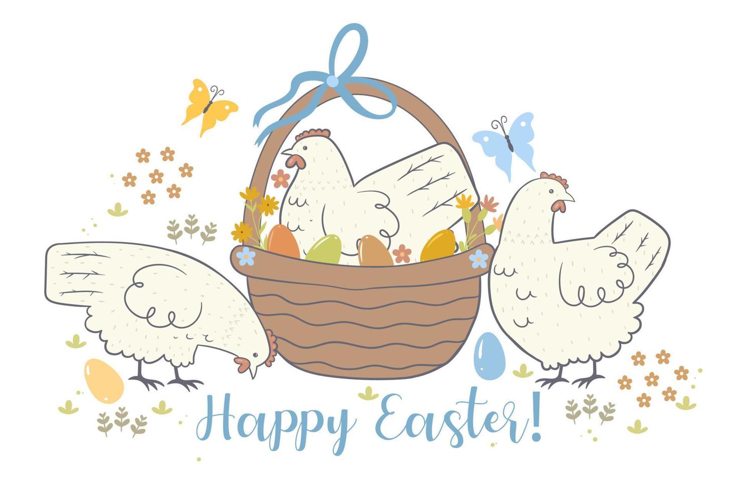 Greeting card with with chickens and flowers and the inscription Happy Easter. Vector graphics.