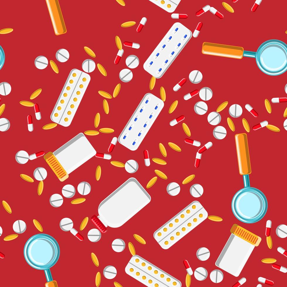 Medical seamless pattern, the texture of medicinal pharmaceutical tablets, cans, capsules, vitamins, drugs, plates, fish oil, thermometer, magnifier on a red background. Concept health care vector