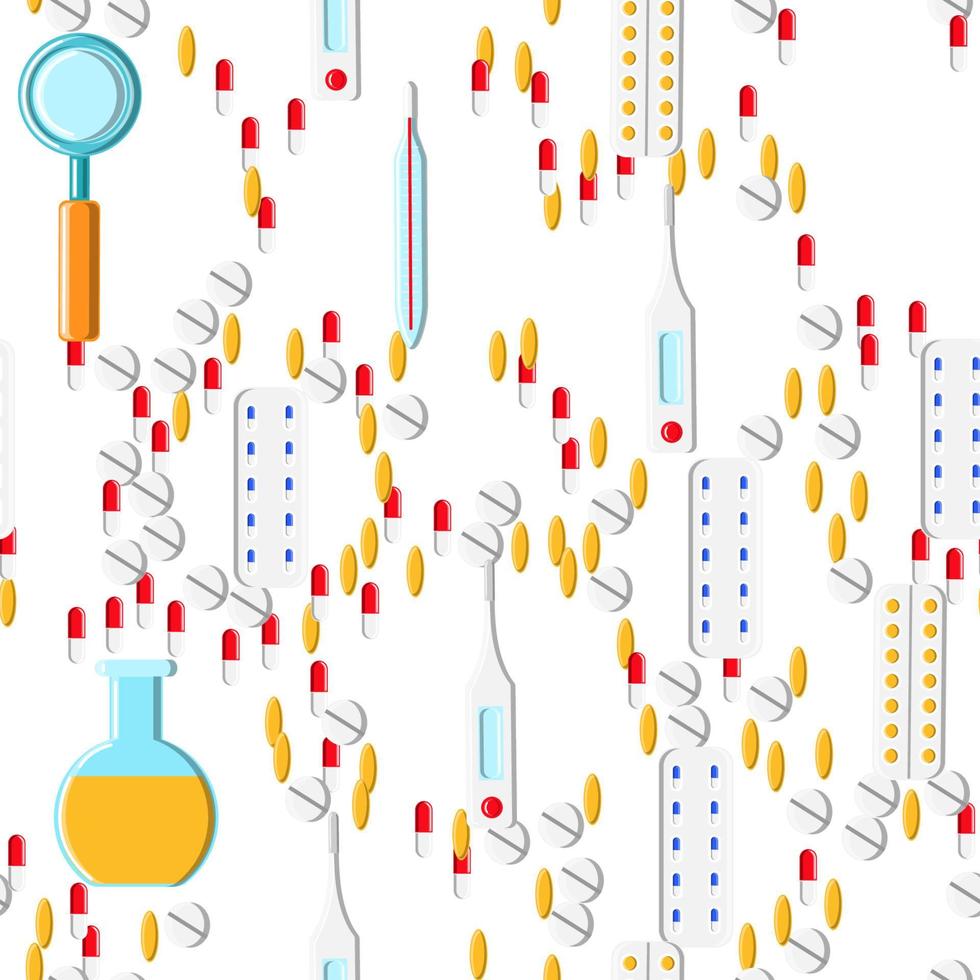 patrón médico sin fisuras, textura de píldoras farmacéuticas, latas, cápsulas, vitaminas, medicamentos, placas, jeringas, termómetro, lupa y matraces sobre un fondo blanco. concepto de cuidado de la salud vector