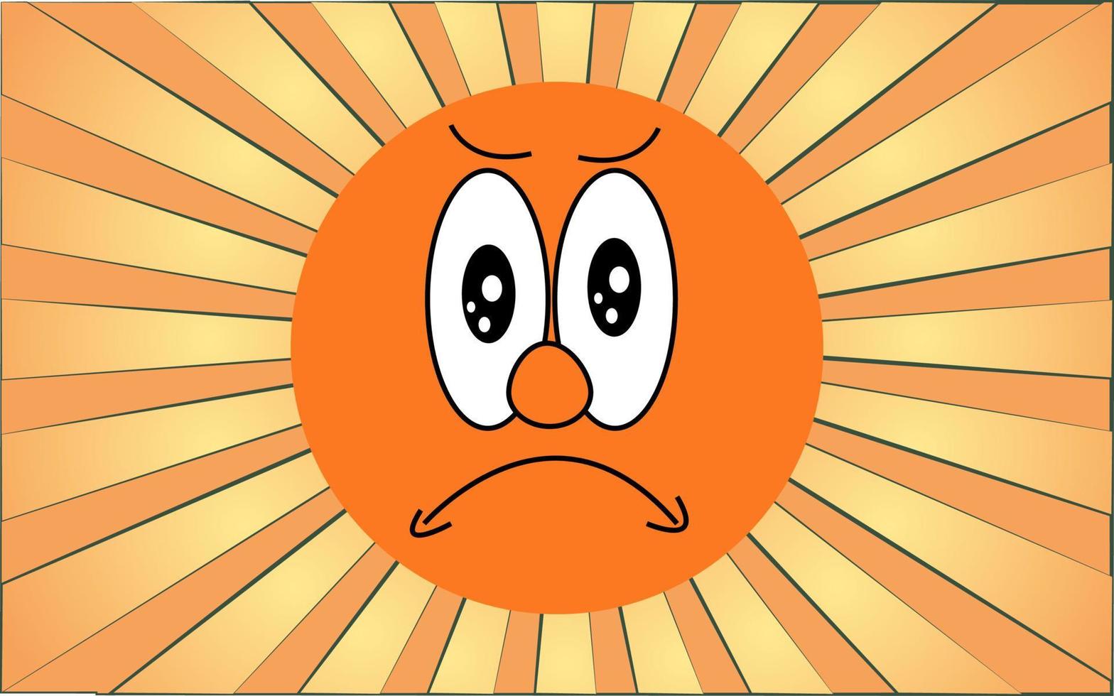 Emotional orange round angry sad face emoji on a background of abstract yellow rays. Vector illustration