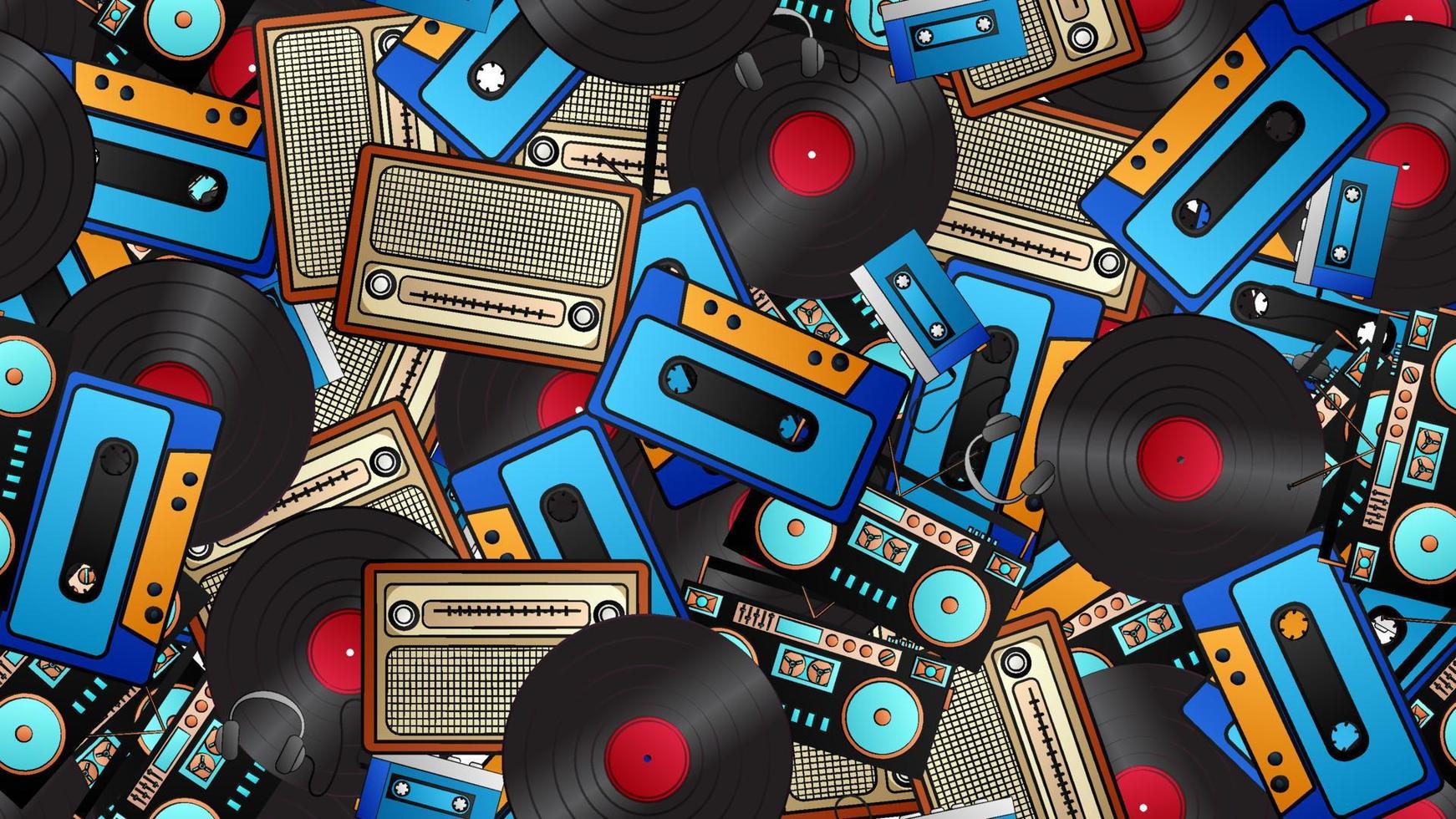 patrón impecable de reproductores de casete de audio de música hipster retro y grabadoras de cinta discos de vinilo y radio de los años 70, 80, 90, 2000, fondo vector