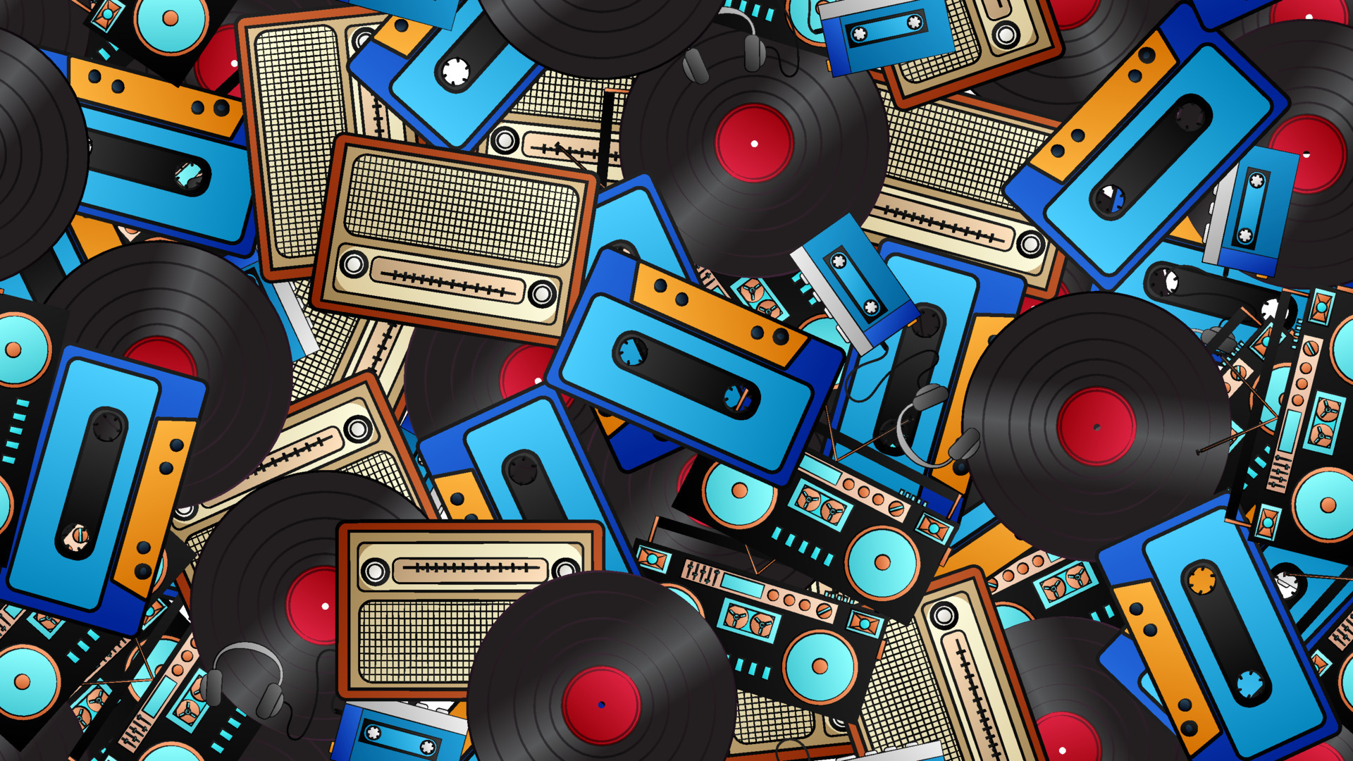 Seamless pattern of retro old hipster music audio cassette players and