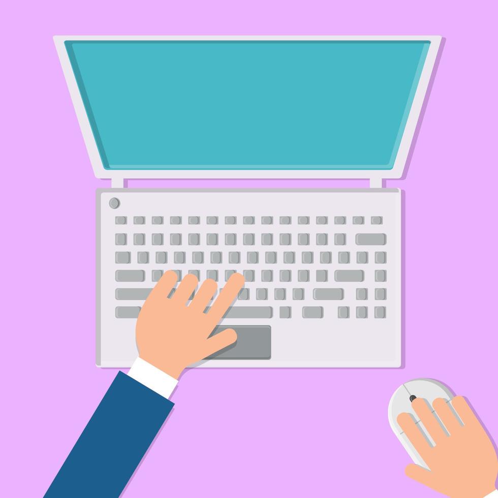 Vector illustration of a man working with his hands on a laptop computer with a mouse and keyboard on a pink background, top view, flat lay. Concept computer digital technologies
