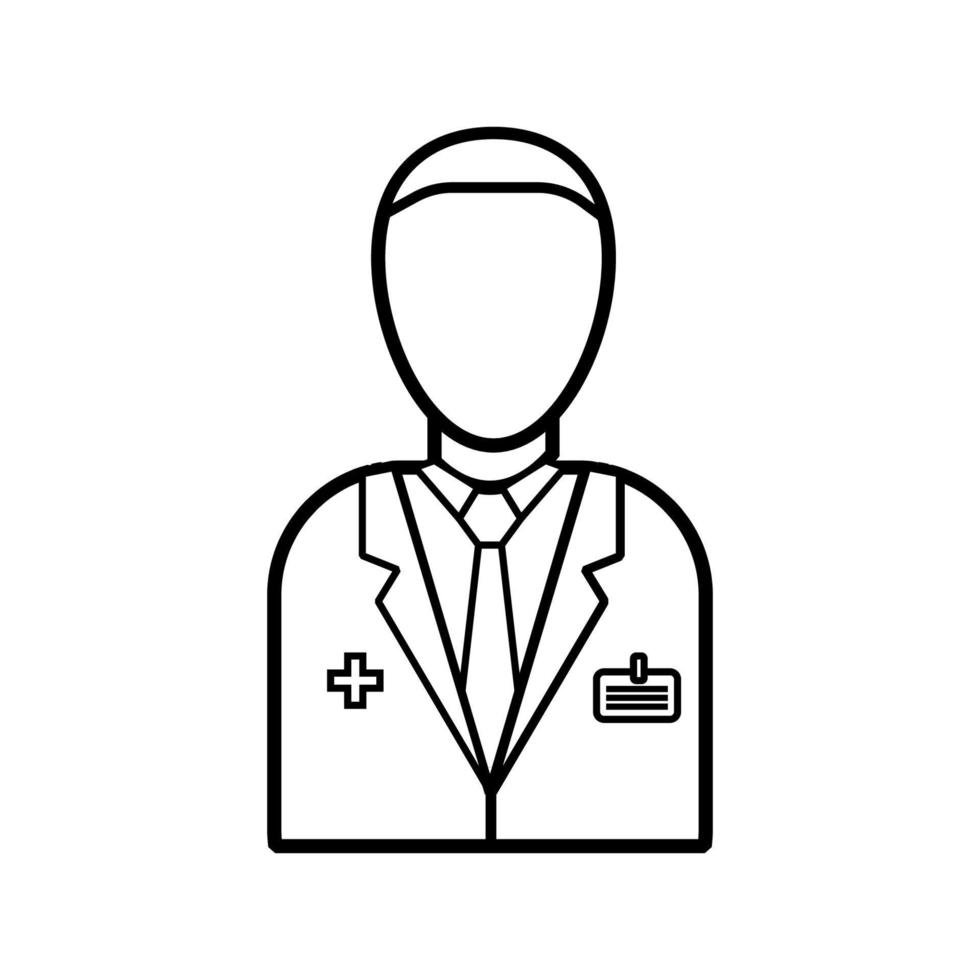 médico de medicina masculino con un abrigo blanco con una insignia, trabajador de la salud para el tratamiento de enfermedades de los pacientes, un simple icono blanco y negro sobre un fondo blanco. ilustración vectorial vector