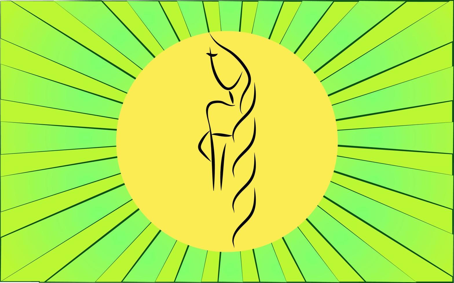 Linear round icon of a woman with long hair on a background of abstract green rays. Vector illustration
