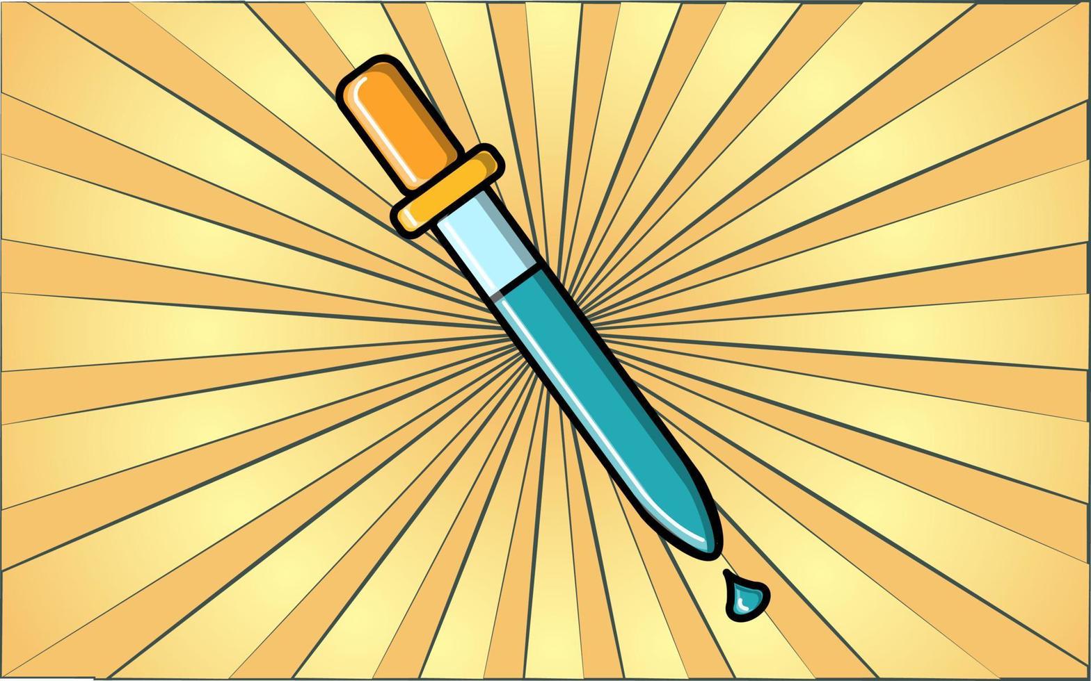 Medical laboratory scientific glass chemical pipette and drop for research and study on a background of abstract yellow rays. Vector illustration