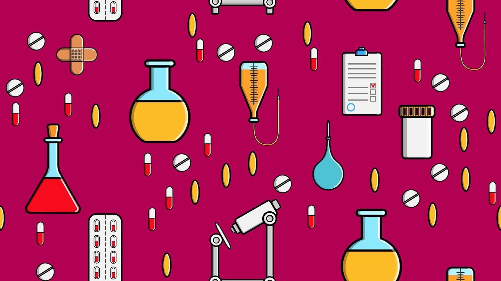 Seamless pattern texture of medicine items icons pricks pills pipettes stethoscopes tools doctor flasks capsules cans syringes on a purple background flat lay top view. Vector illustration