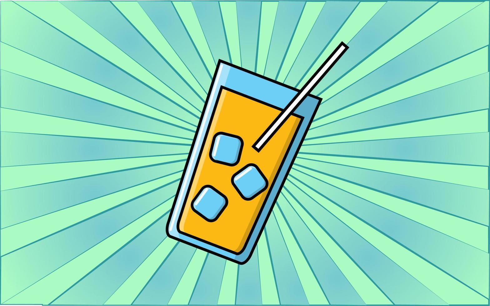 Tasty alcoholic or non-alcoholic cocktail with ice and straw on a background of abstract blue rays. Vector illustration