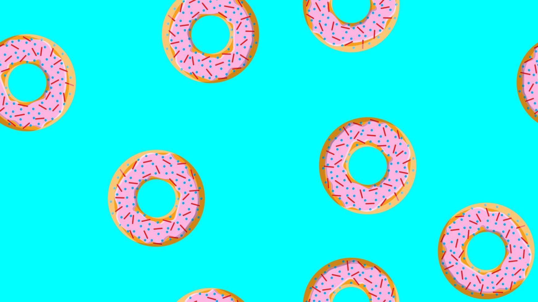 Seamless pattern, texture from round sweet flour tasty donuts to nourishing hot fresh, baking, sugar-coated cookies in a pink caramel candy store on a blue background. Vector illustration