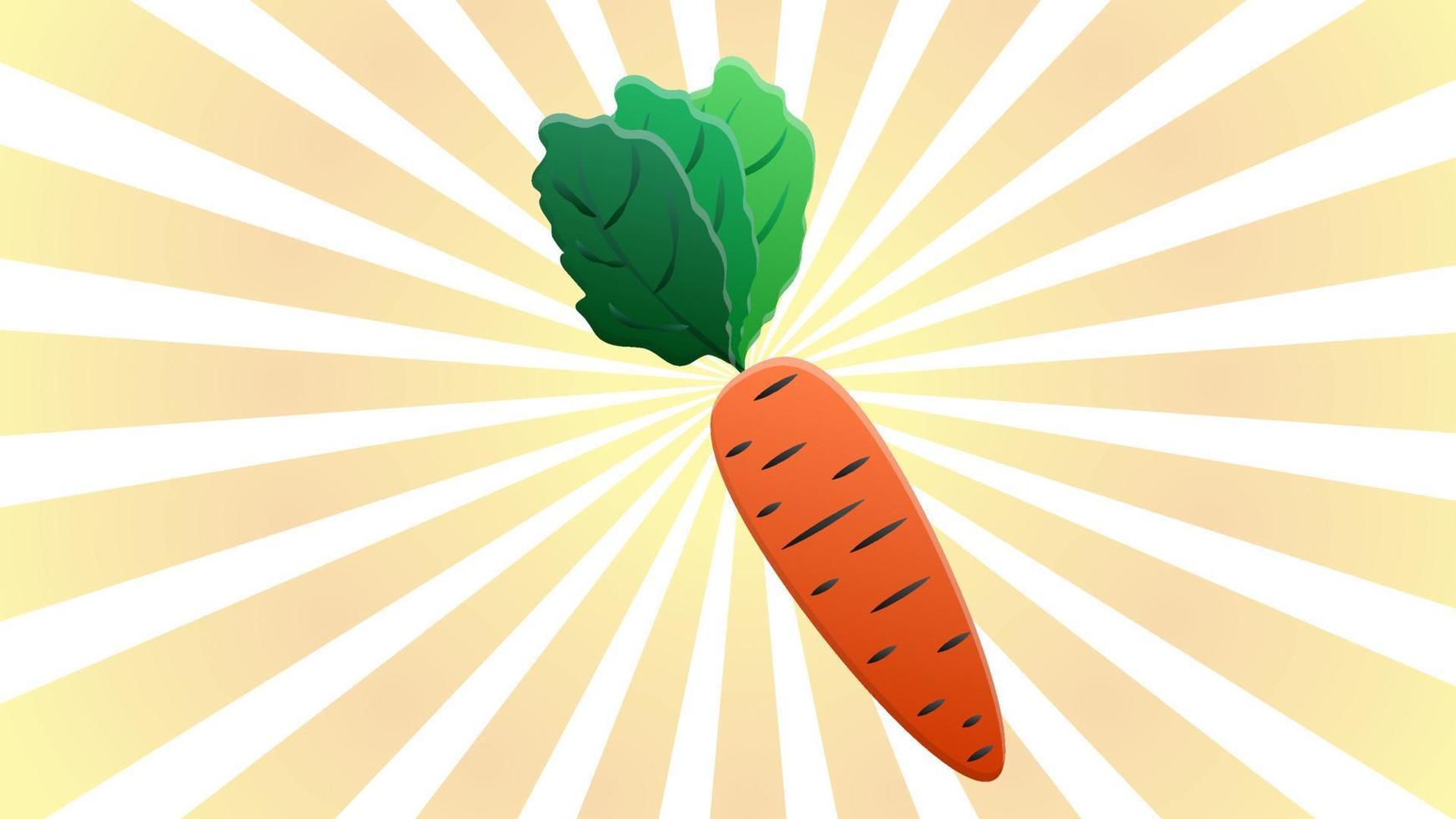 zanahorias sobre fondo retro naranja y blanco, ilustración vectorial. zanahorias largas, naranjas y brillantes con una cola verde exuberante, cultivos vegetales, comida vegana. alimentos crudos vector
