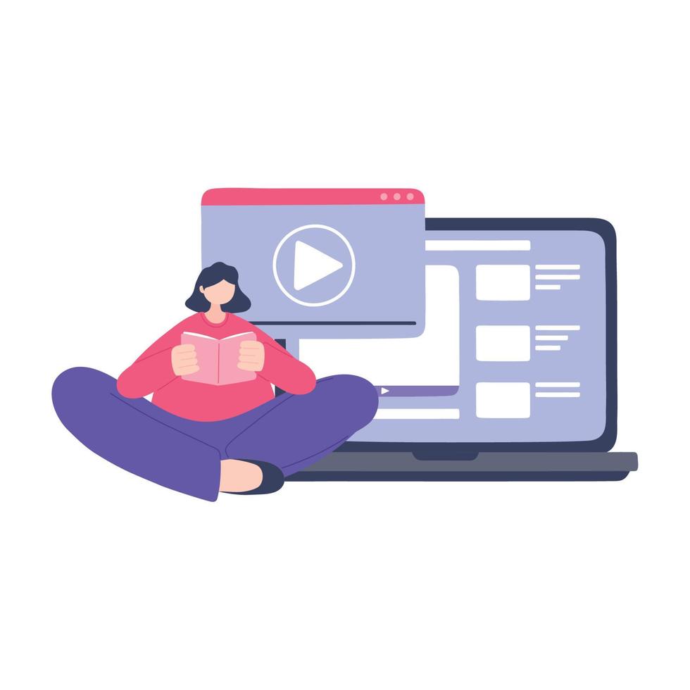 online training, girl reading book with laptop video informaton, education and courses learning digital vector