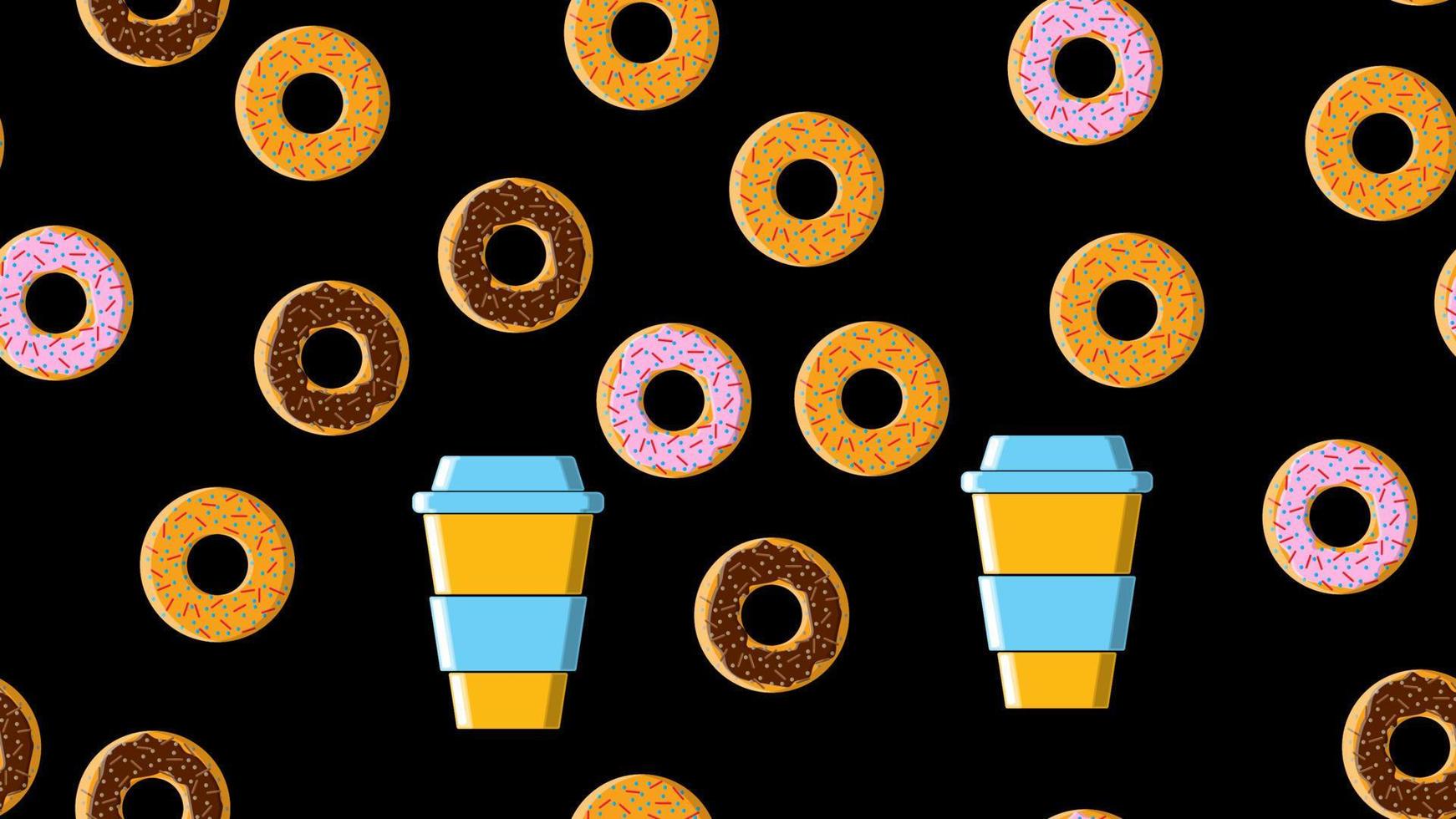 Seamless pattern, texture from different round sweet tasty hot donuts with sugar in caramel chocolate and a cup of hot fast take-out strong coffee on a black background. Vector illustration