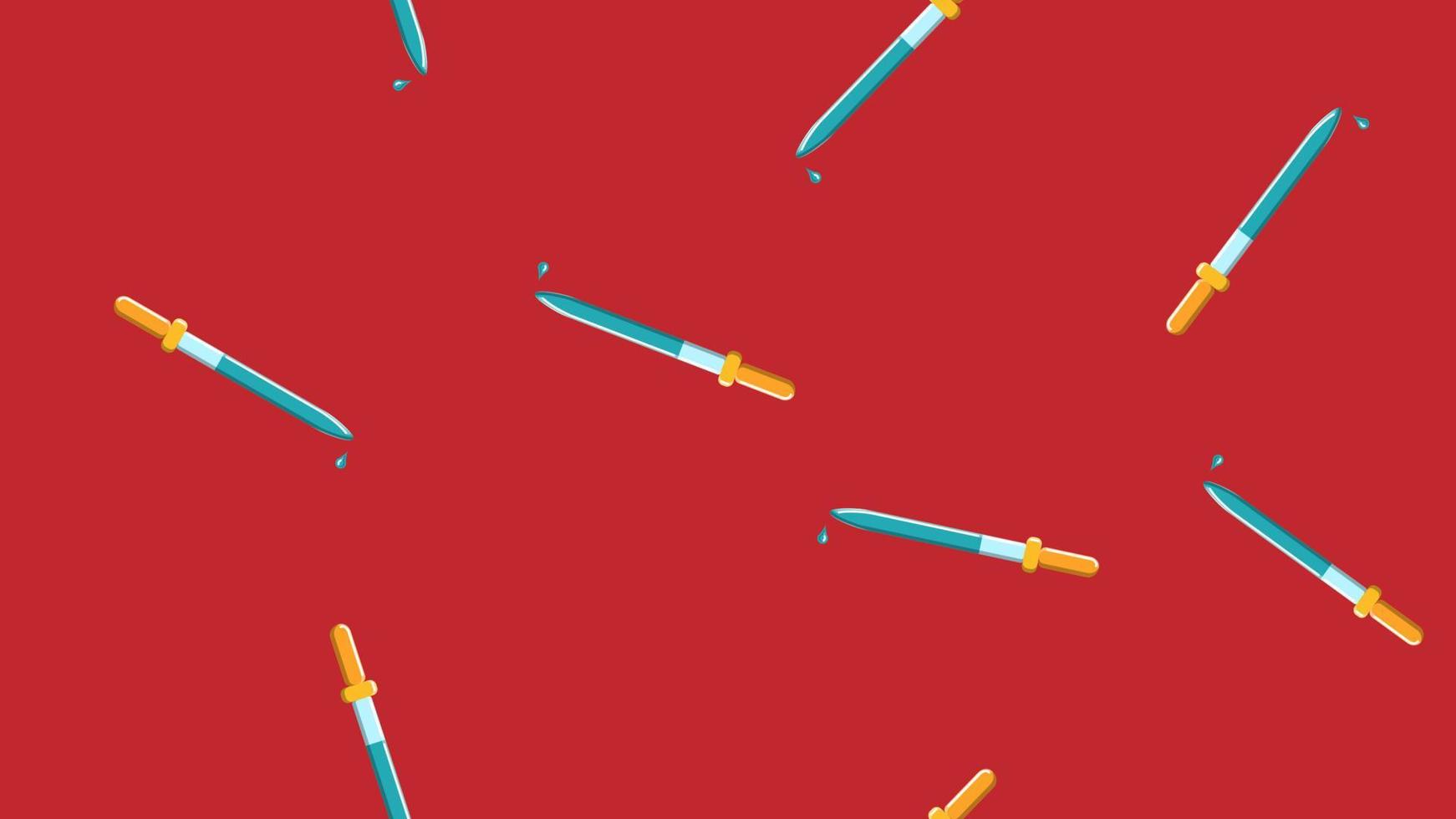 textura de patrón sin costuras de interminables pipetas de cuentagotas de medicina científica repetitivas para titulación, instilación de medicamentos con gotas sobre un fondo rojo. ilustración vectorial vector