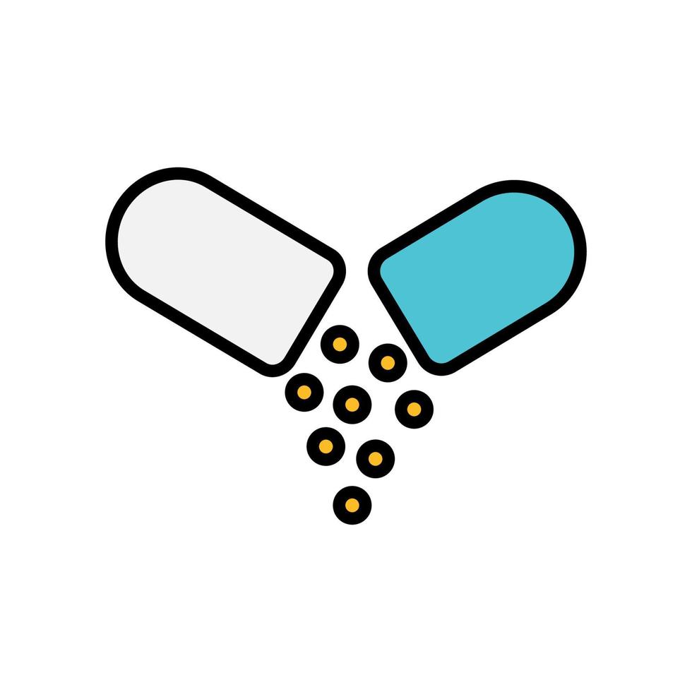 An open small medical capsule pill with pouring in medicine with vitamins for treating people, a simple icon on a white background. Vector illustration