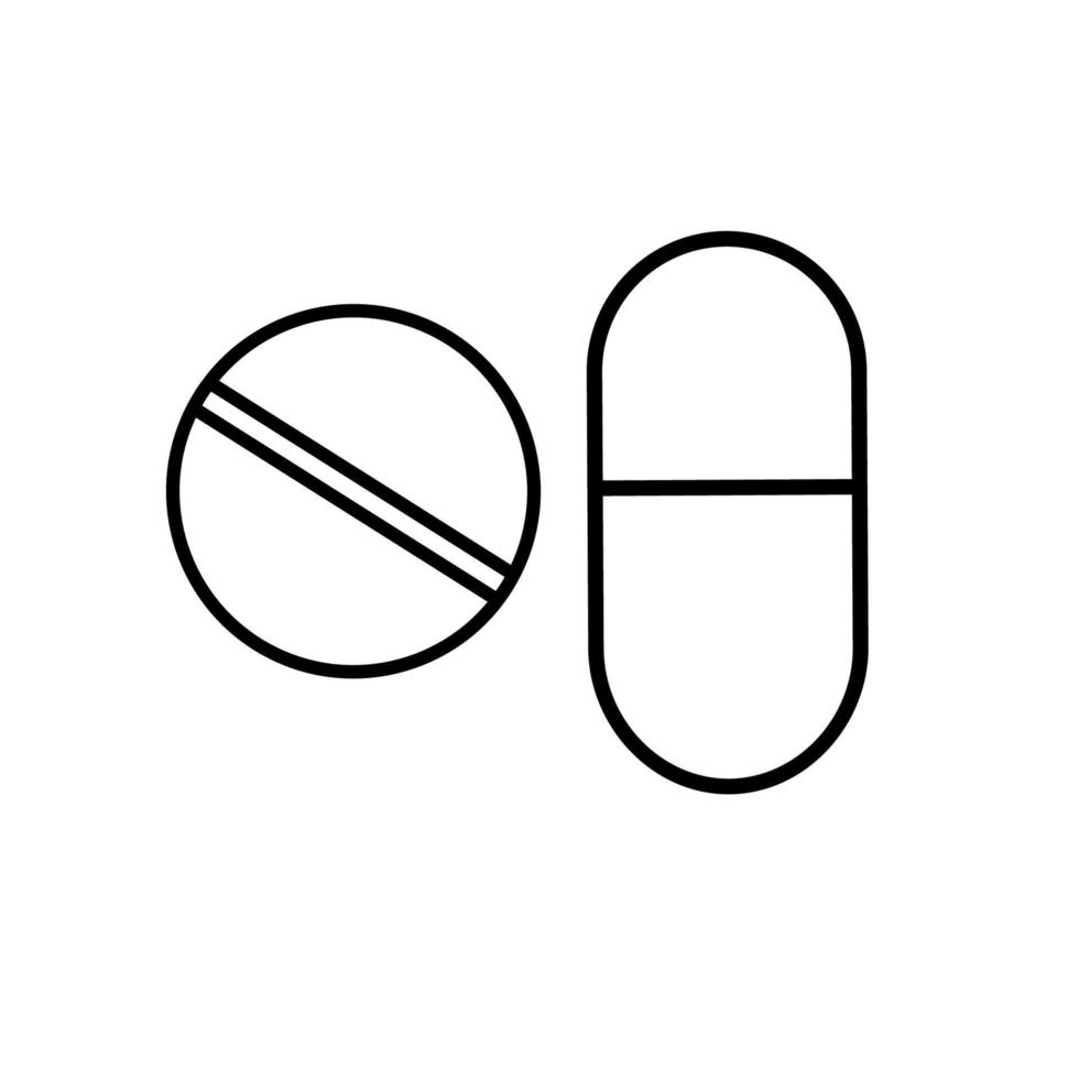 Medical pharmaceutical round and hollow oval pills and pills capsules healing for the treatment of diseases, a simple black and white icon on a white background. Vector illustration