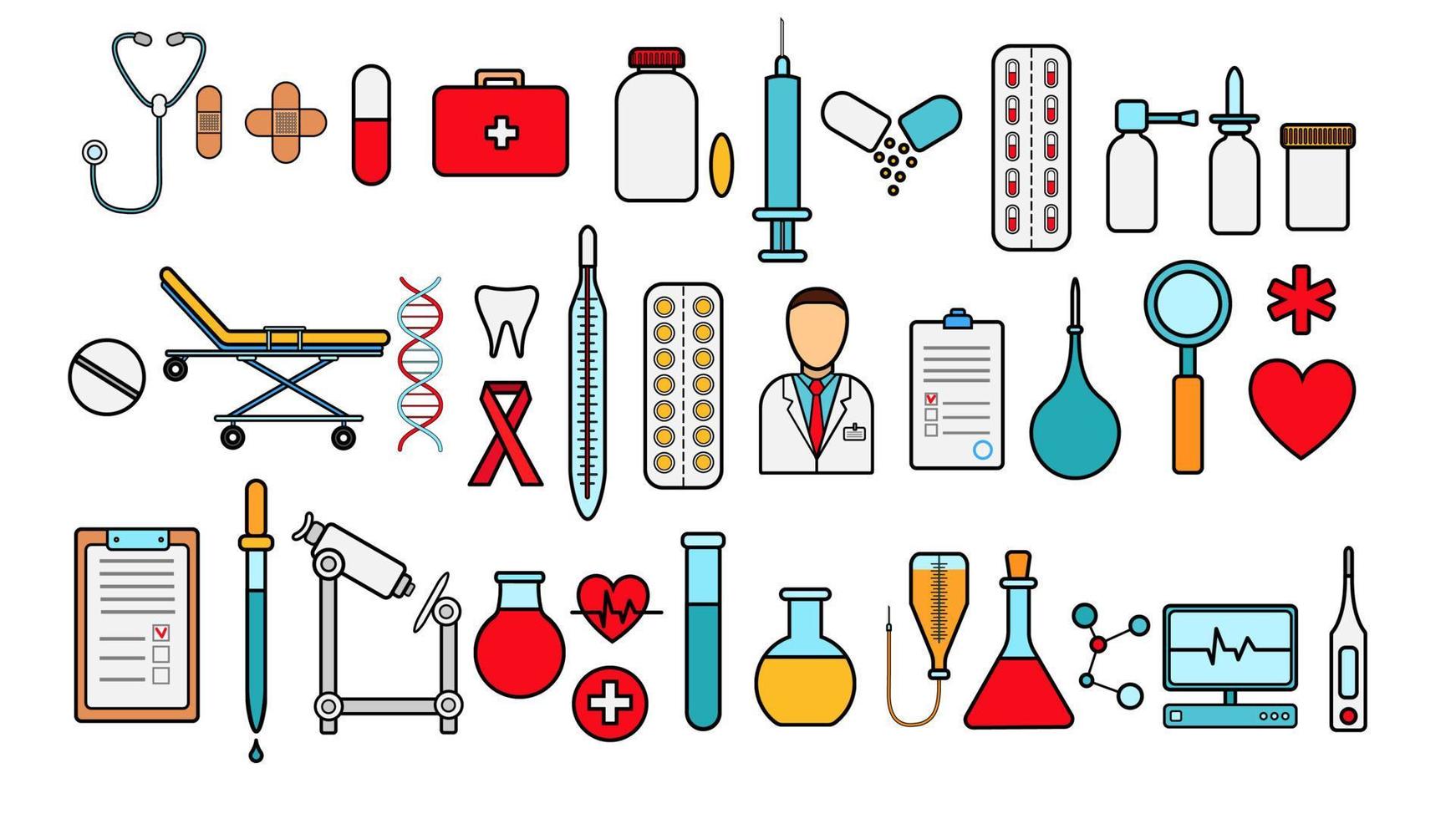 Medical pharmaceutical big set of medical items, equipment, items of icons on a white background tablets thermometers capsules flasks medications first aid kit heart microscope. Vector illustration