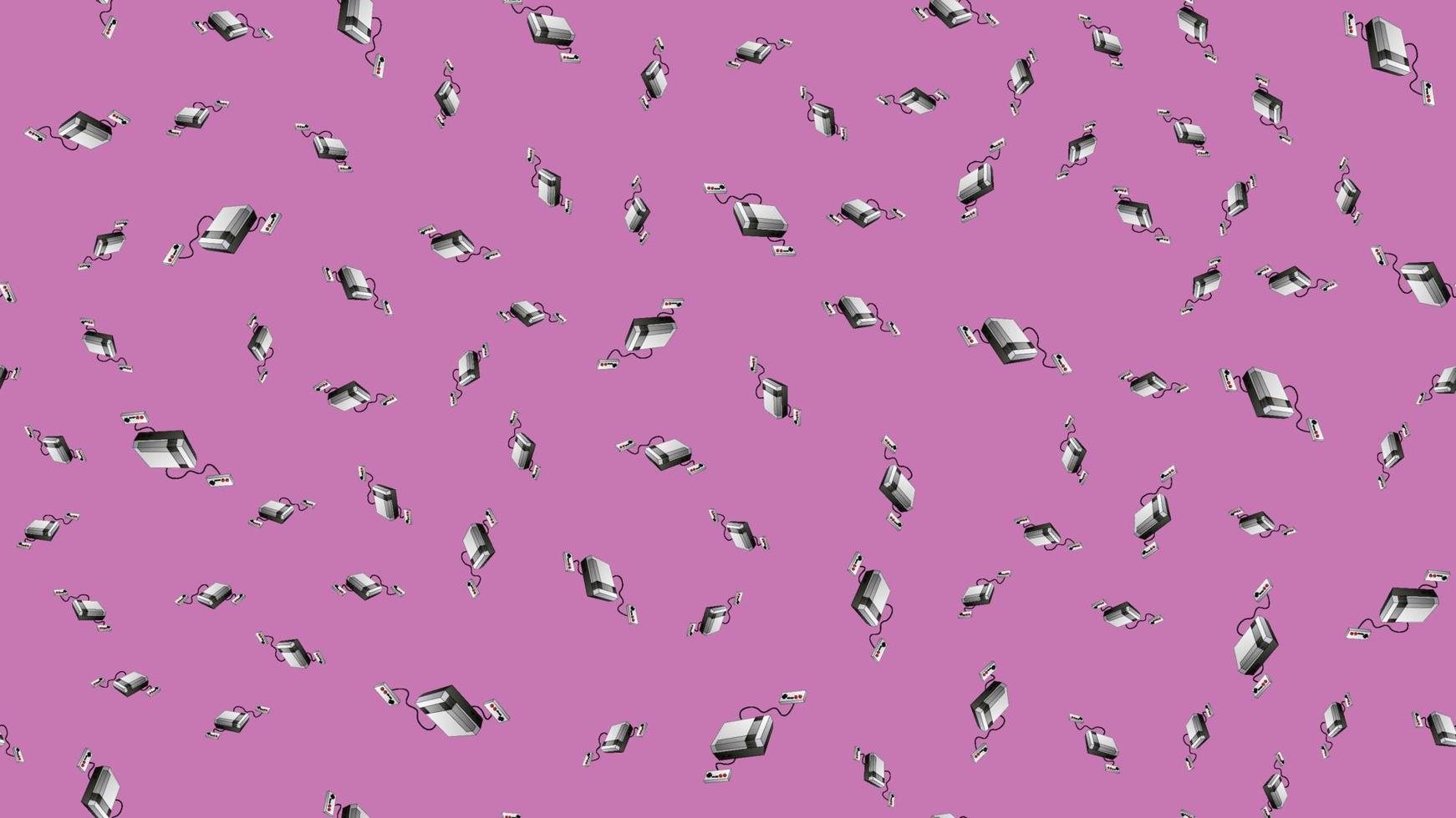 Seamless pattern of retro old hipster video game consoles texture from the 70s, 80s, 90s, 2000s on a pink background vector