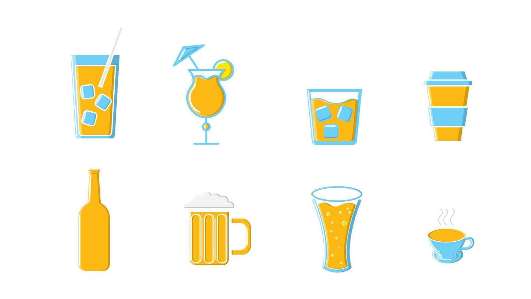 Icons set of alcoholic and non-alcoholic drinks bottles and mugs of tea coffee beer cocktails and whiskey vodka with ice on a white background. Vector illustration