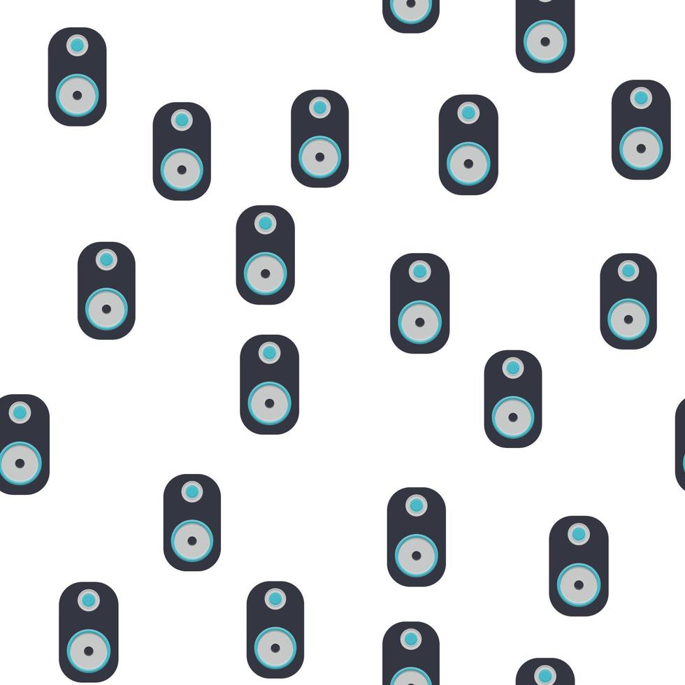 Seamless pattern, texture of modern musical black speakers for playing music tracks, melodies, technology isolated on white background. Vector illustration