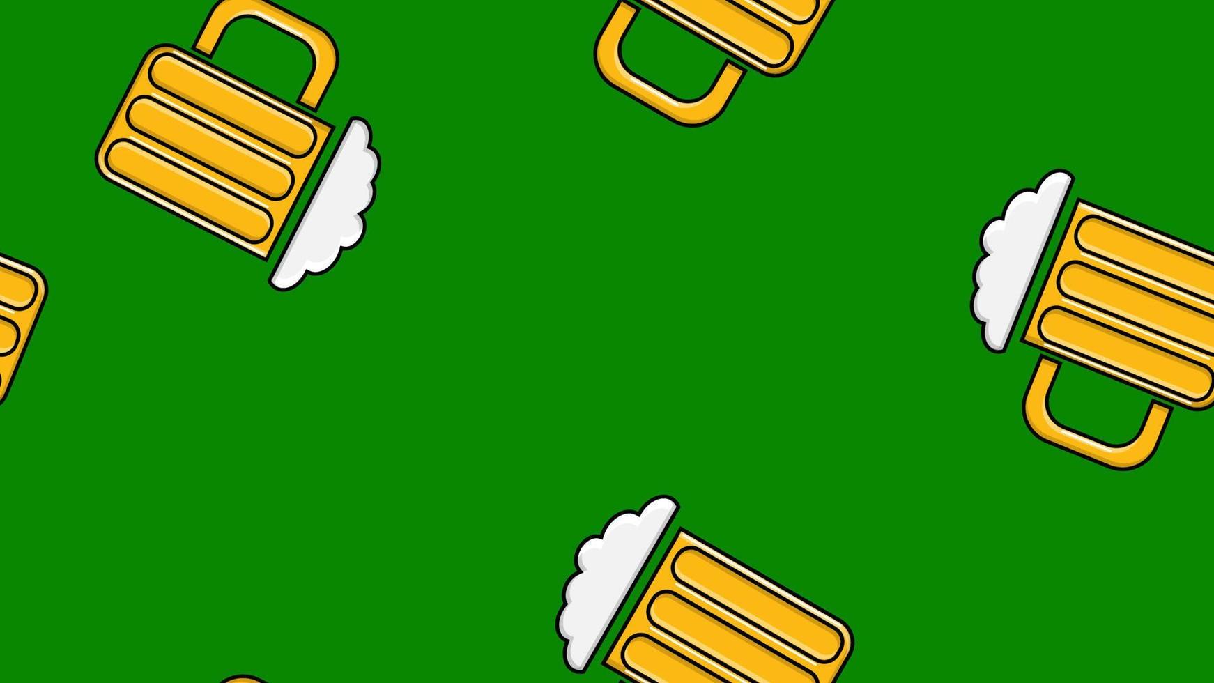 Seamless pattern of yellow repeating alcoholic beer glasses glass with beer frothy hop beer malt craft lager on a green background to the day of Saint Patrick. Vector illustration