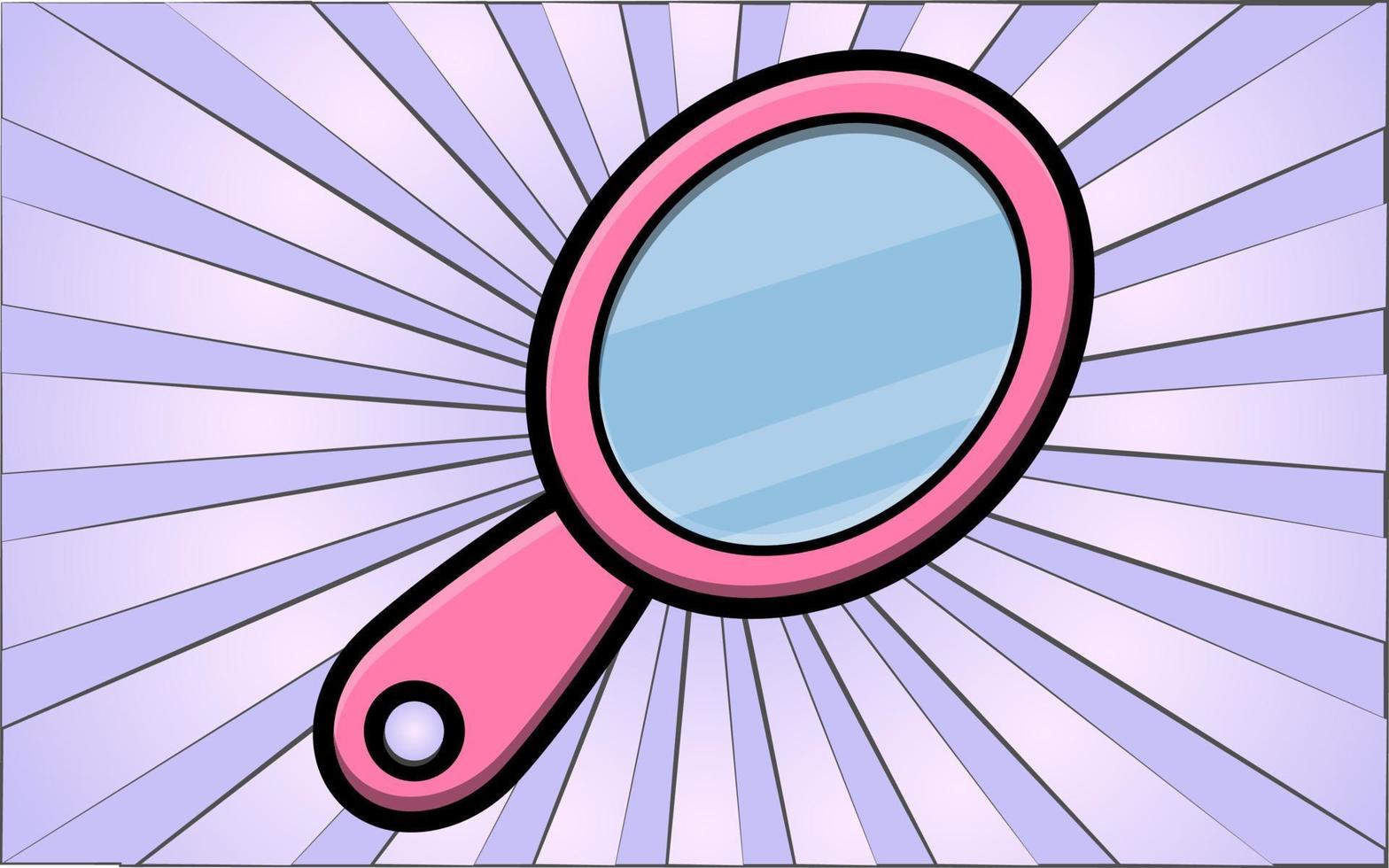 Beauty glamorous pink barber mirror for styling, applying makeup and beauty on the background of abstract violet rays. Vector illustration