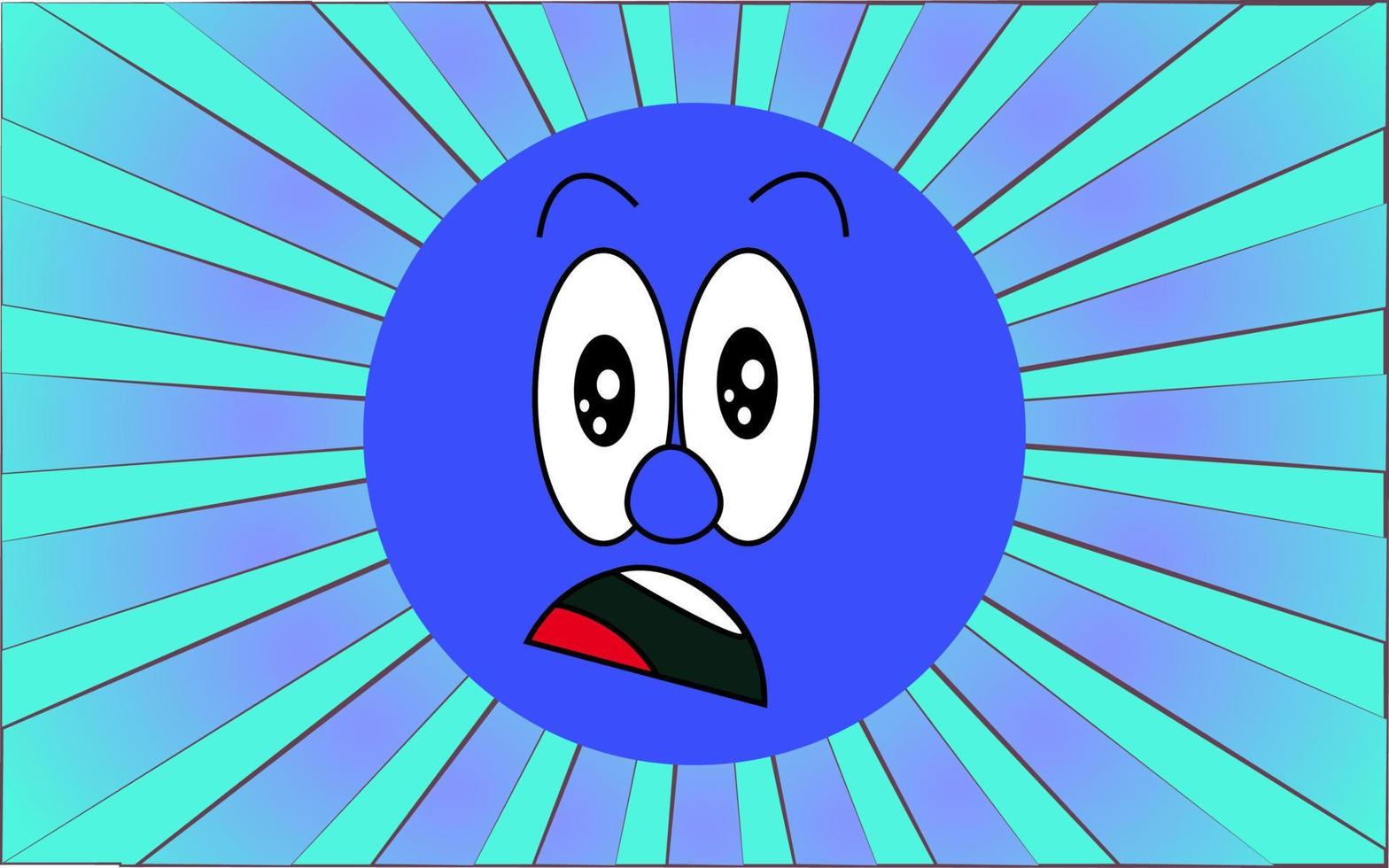 Emotional blue round surprised emoji face on a background of abstract blue rays. Vector illustration