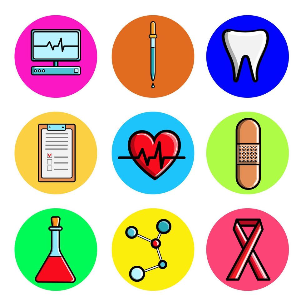 conjunto de íconos redondos médicos, monitor de artículos de equipo médico, computadora, cardiograma, diente, pipeta, parche, matraz, tableta, molécula, cinta. concepto de salud, hospitales, drogas, medicina vector