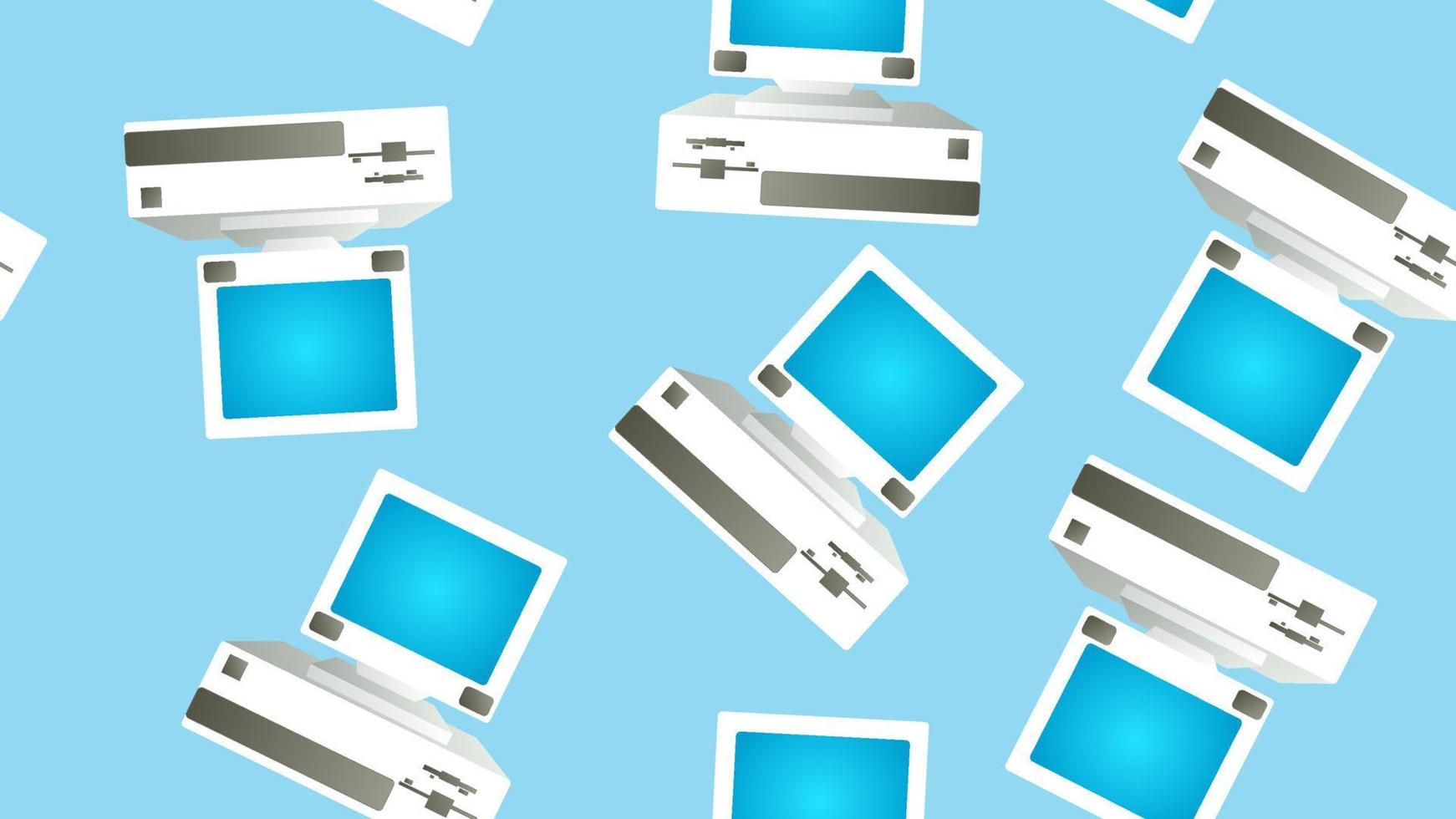 Seamless pattern of retro old hipster computers from the 70s, 80s, 90s, 2000s on a blue background vector