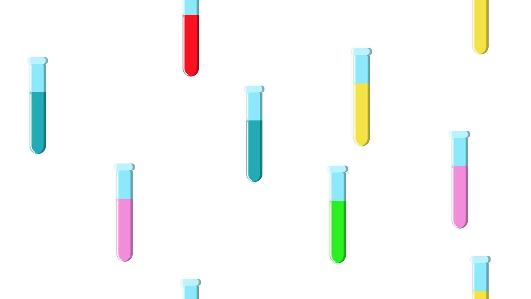 Seamless pattern texture of endless repeating long multi-colored medical chemical glass scientific test tubes of flasks cans on white background. Vector illustration