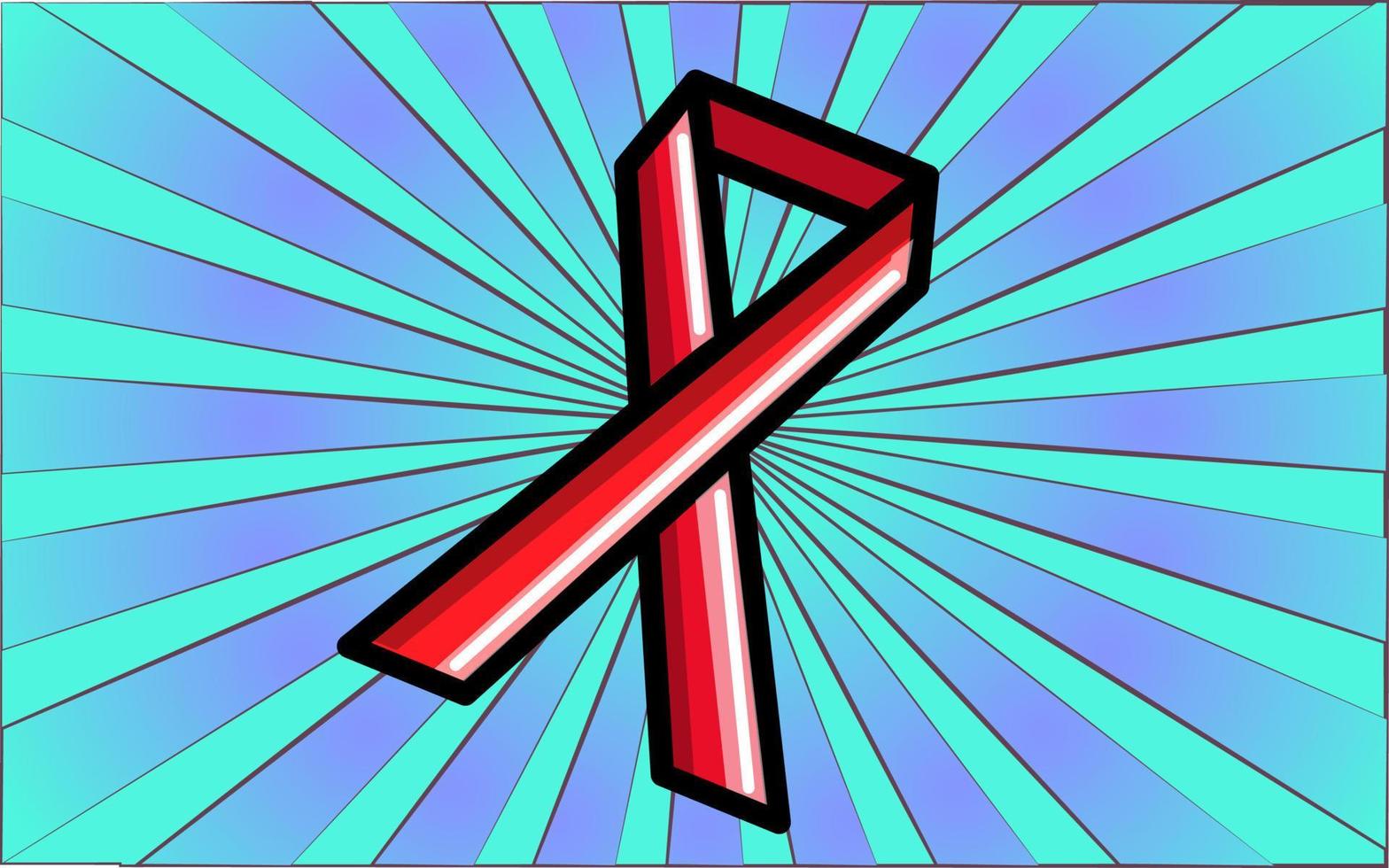 Medical red ribbon Aids fight symbol on abstract blue rays background. Vector illustration