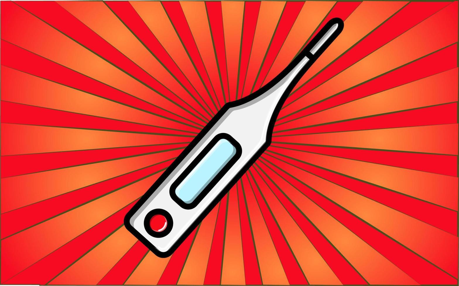 Medical new digital modern thermometer for measuring temperature and taking care of dawns on a background of abstract red rays. Vector illustration