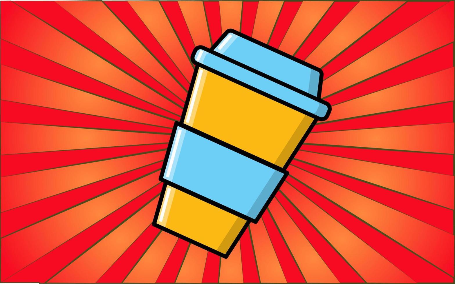 Delicious paper cup of quick invigorating coffee on a background of abstract red rays. Vector illustration