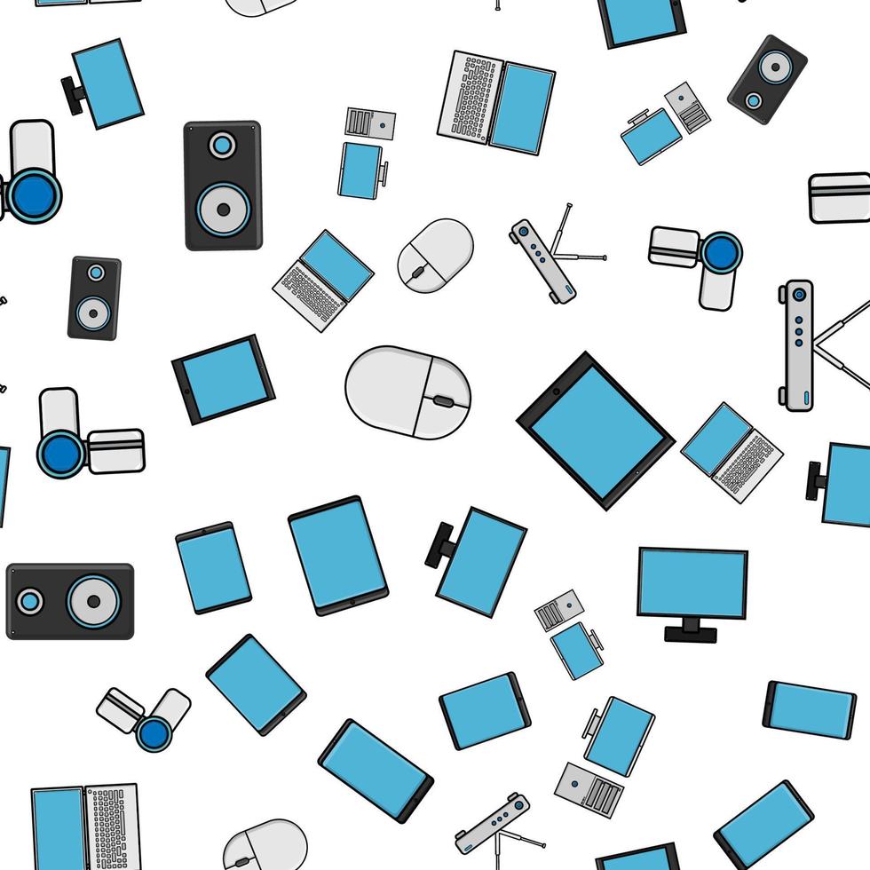 Seamless pattern, texture from modern digital devices, gadgets, tablets, smartphones, mice, speakers, monitors, laptops, routers for internet, computer equipment on a white background. Vector