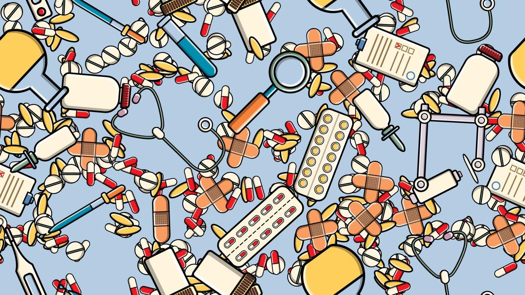 Seamless pattern texture of medicine items icons pricks pills pipettes stethoscopes tools doctor flasks capsules cans syringes on a blue background flat lay top view. Vector illustration